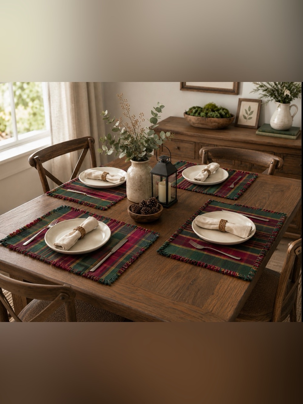 Earth Tone Geometric Plaid Placemats Set of 4 with fringe